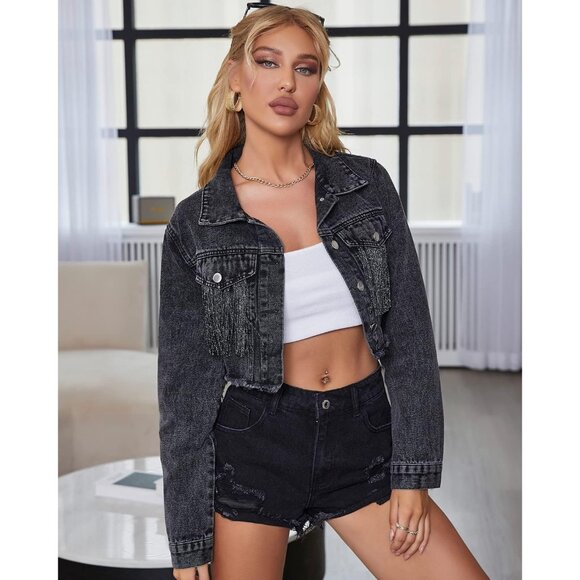 Women’s Crop Denim Jacket Tassel Casual Jean With Fringe Long Sleeves S107Black - Picture 2 of 6
